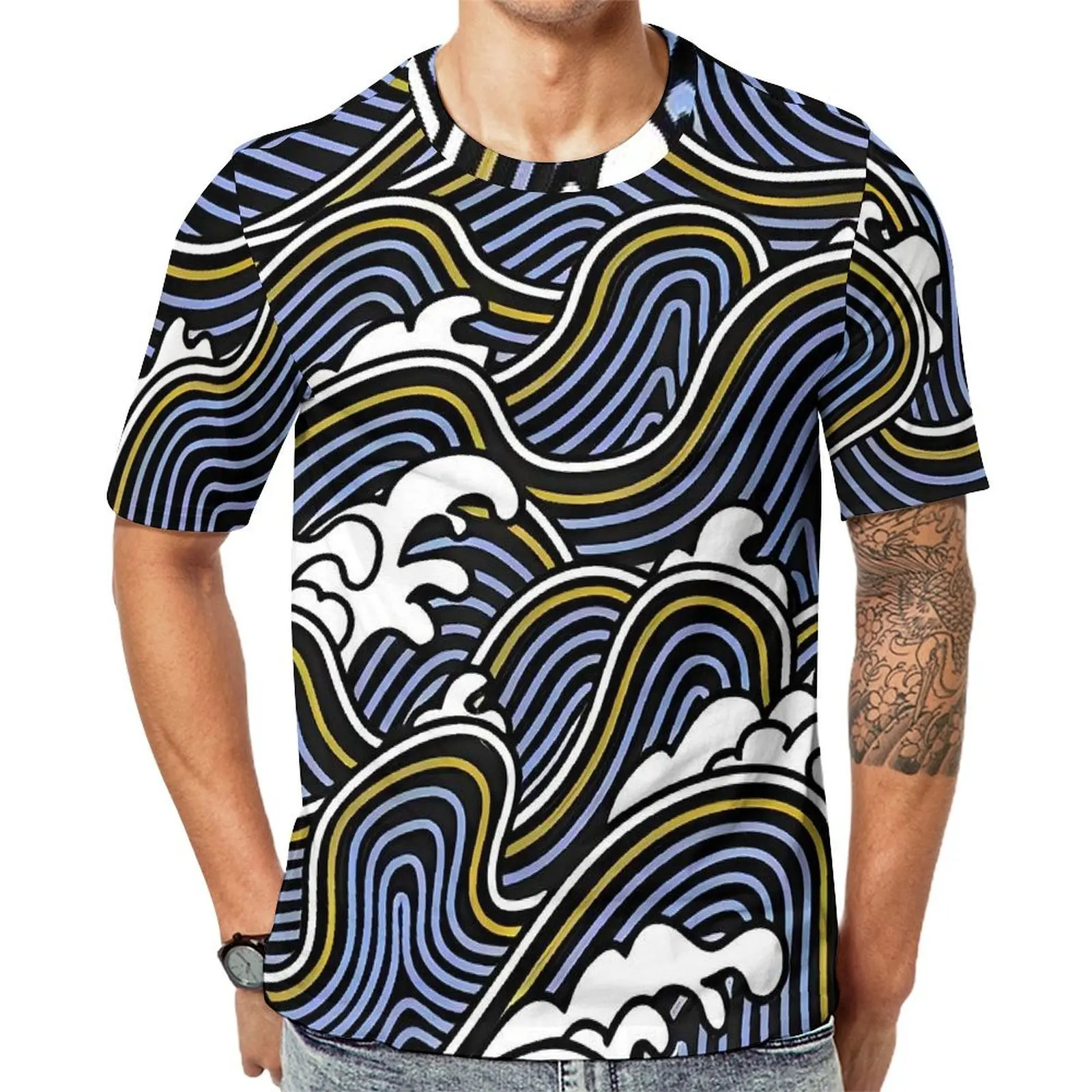 Blue Wave with Gold Accent T Shirt  Hip Hop T Shirts Man Basic Tee Shirt Summer Short-Sleeved Printed Tops Plus Size 6XL