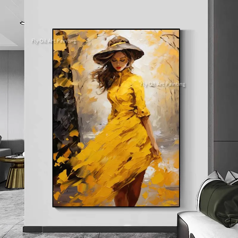 Handmade Large Yellow Women Wear Hat Thick Oil Painting New Design For Home Wall Decor Elengance Gril Wear White Derss Artwork