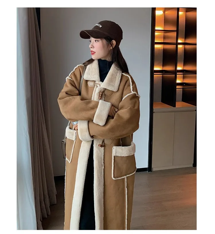 Winter New Style Women's Long Thickened Sheepskin Coat with Buttoned Leather And Fur Integration Velvet Outer Jacket