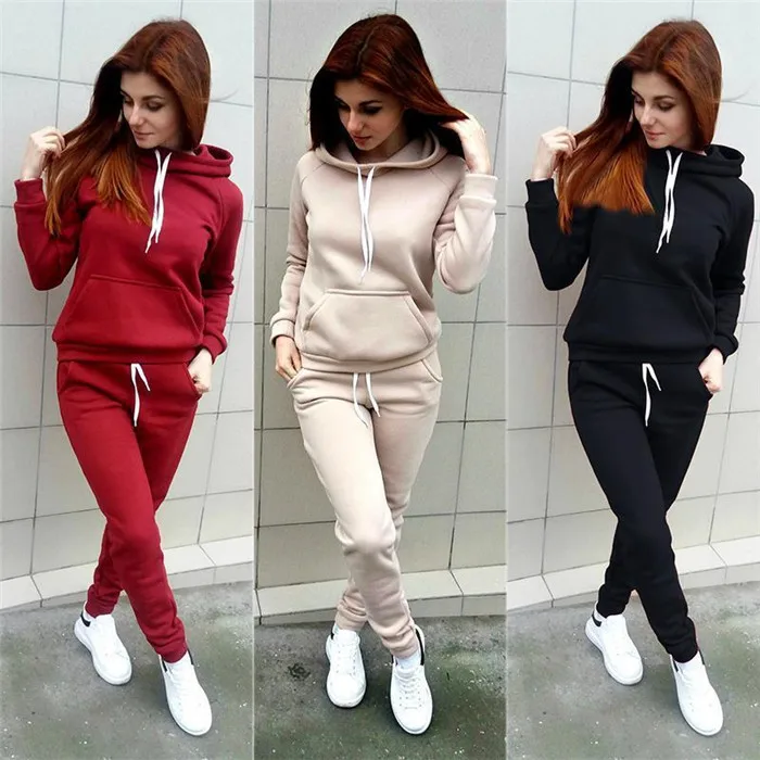 Autumn Women\'s Fleece Tracksuit 2 Pieces Set Pullover Hoodies+Pants Sport Suit Female Winter Warm Sweatshirt Suit for Woman