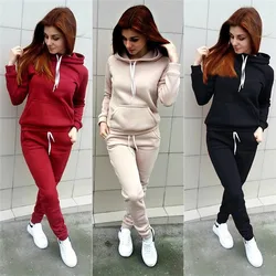 Tuta da donna in pile autunnale Set da 2 pezzi felpe con cappuccio Pullover + pantaloni tuta sportiva tuta da donna invernale calda per donna