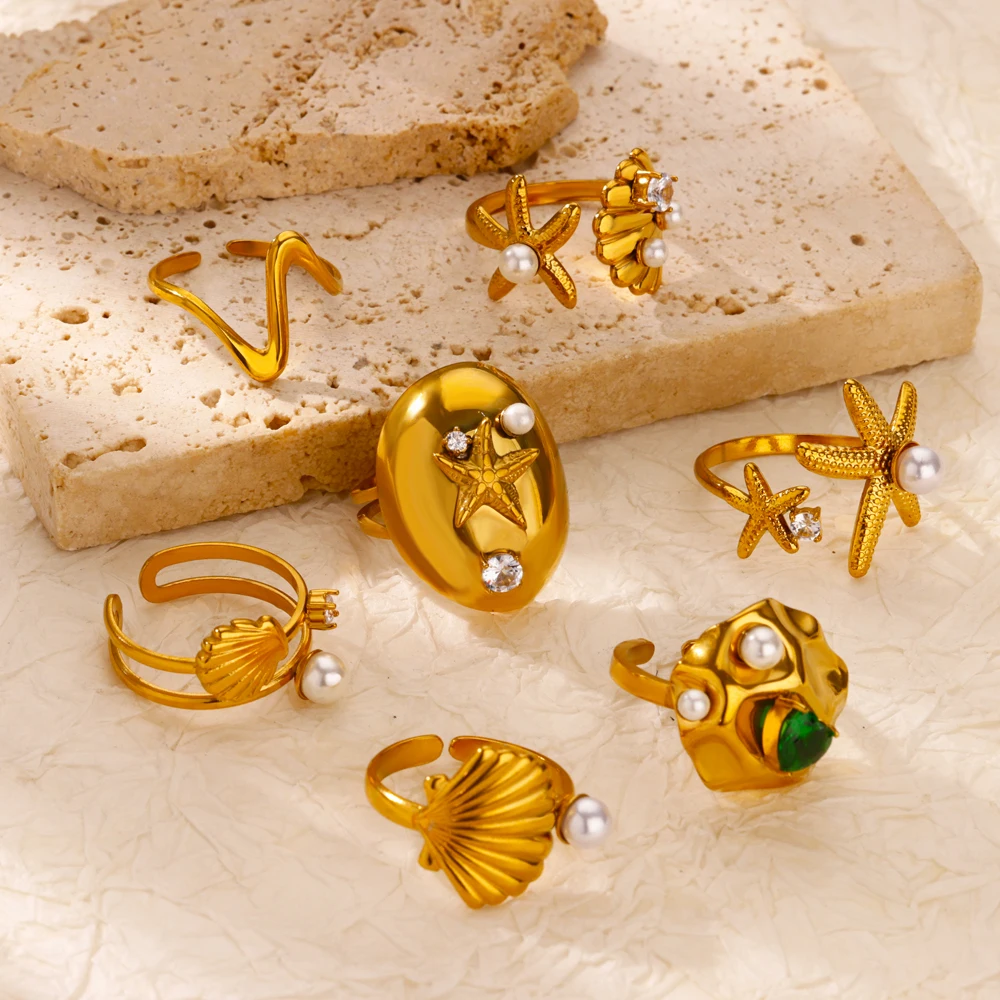 Eleganter Zirkonia-Ring für Frauen, goldfarben, Edelstahl, Muschel, Seestern, offener Ring, modisch, romantisch, Paar, Ästhetik, Schmuck
