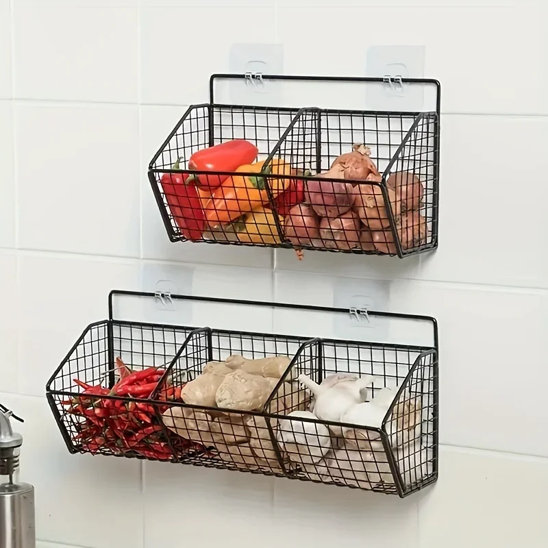 Wall Mounted Kitchen Storage Basket Suitable for Durable Metal Wire Storage of Spices, Garlic, Onions, and Vegetables