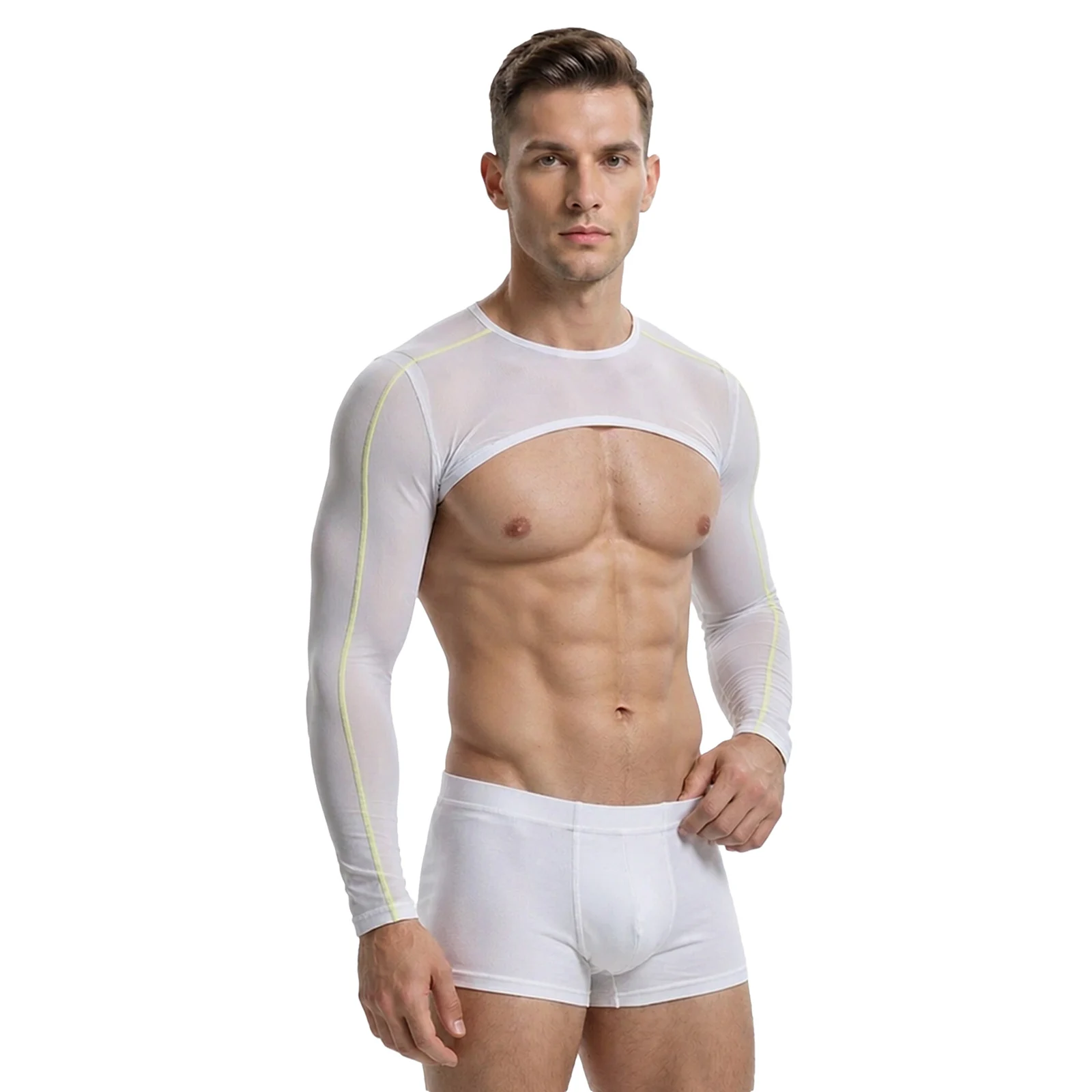 Men Sheer Ice Silk Long Sleeve Shrug Tank Top Sun Block Half Vest Breathable Half Crop for Cycling Running Fitness Activities