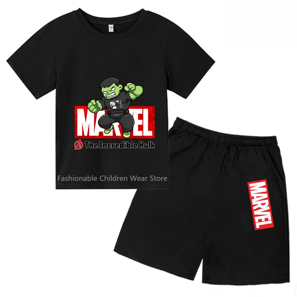 Fun Marvel Avengers Q-Edition Hulk Cartoon Kids' T-shirt and Shorts Set - Cool & Fashionable for Outdoor Leisure