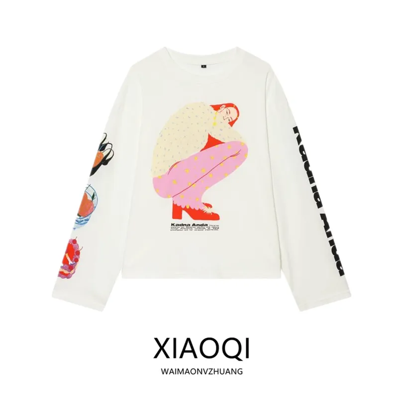 Summer 2026 Women's Long Sleeve round Neck Loose Casual Print T-shirt Versatile New Arrival Wind Theme Casual Style
