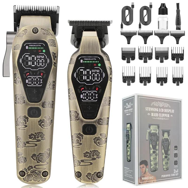 Resuxi 642 Cordless Rechargeable Professional Barber Shop Salon Hair Cutting Clipper Trimmer 2 Pieces Set