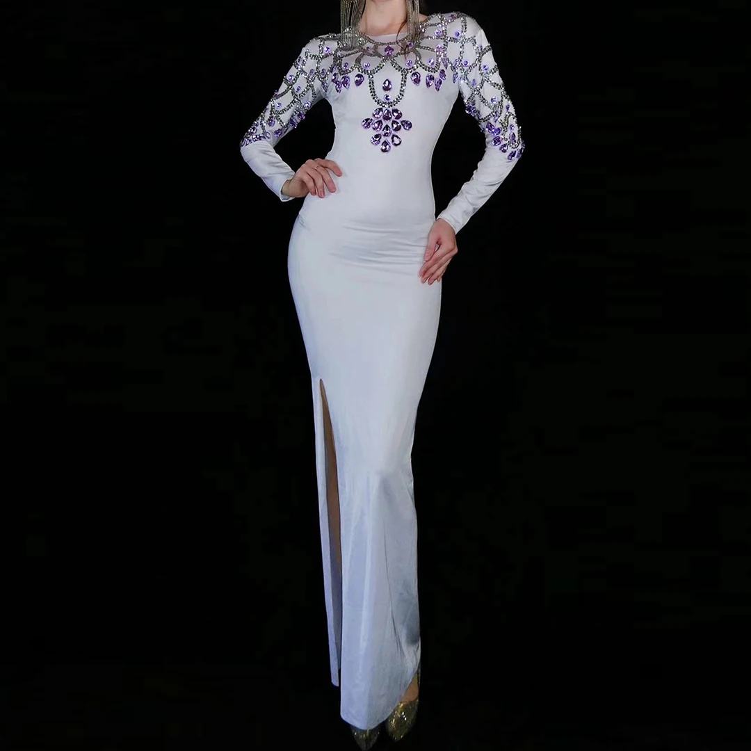 

White Purple Rhinestone Spandex Maxi Dress Women Long Sleeve Non SeeThrough Birthday Party Evening Gown Club Sexy Wear Chunbai