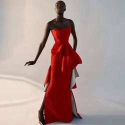 Strapless Red Prom Dresses Ruffles Dress Elegant Long Evening Dresses 2025 Chic Luxury Asymmetrical Woman Clothing Open Back