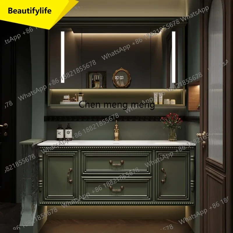 

6239 French retro oak bathroom cabinet combination rock slab hot bending integrated washstand hand washbasin cabinet