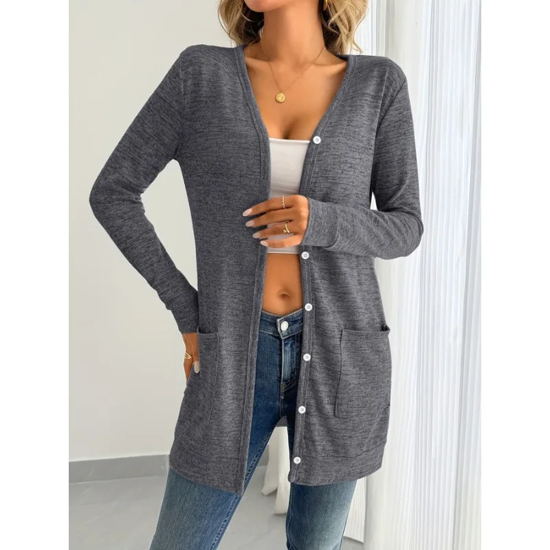 

Women's New Autumn and Winter Solid Color Loose V-neck Long Sleeve Pocket Waist Cardigan Jacket