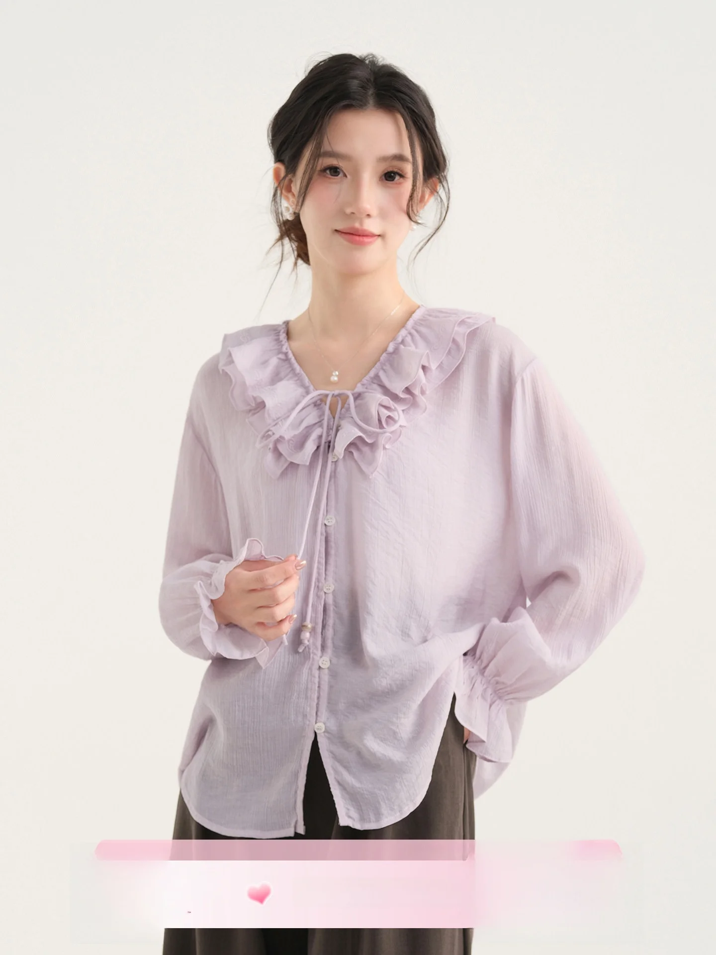 

Ele V-ne Long Sve irt Women's Faionable Lace Trim Spring New Arrival French Sle Loose Fit Breathable Comfortable