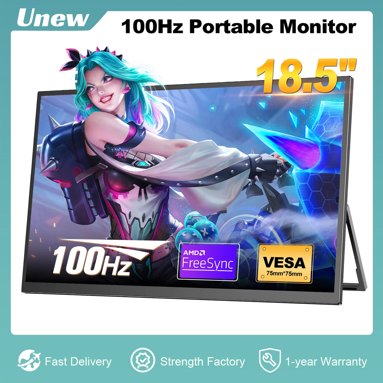 Unew 18.5 inch Portable Monitor 100Hz 100% SRGB 1920x1080 With 75*75mm Vesa Stand Game Monitor, IPS Thin Second Screen Display