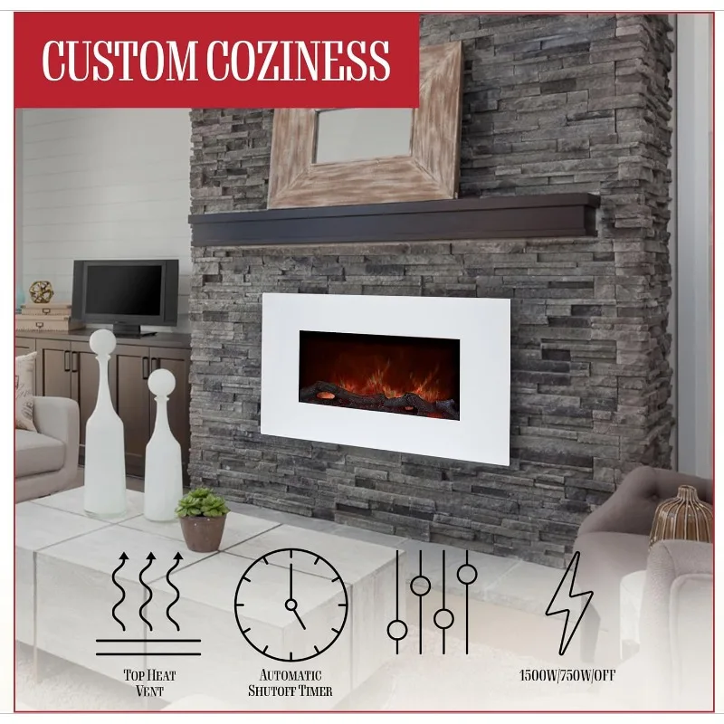 36" Wall Mount Electric Fireplace 10 Colors LED Flame and 3 Media Backgrounds Adjustable Brightness Comes with Remote Control