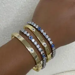5MM 5A Sparking Bling White Cubic Zirconia CZ Blue Enamel Evil Eye Charm Tennis Women Bracelet