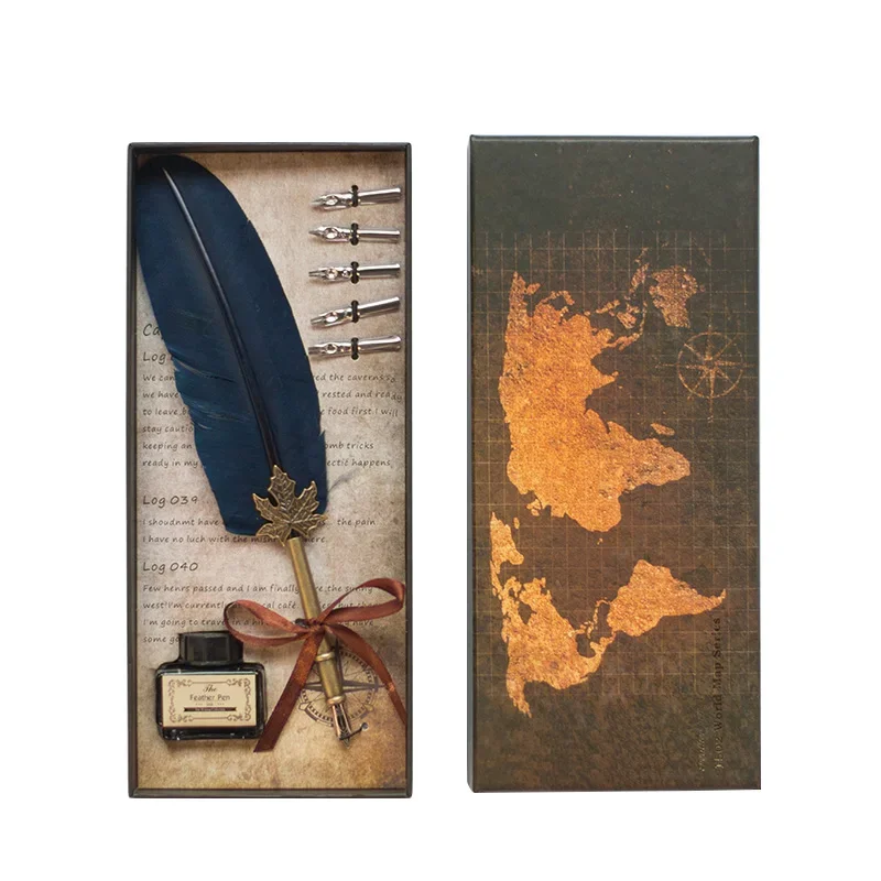 

1 Set Feather Dip Fountain Pen Chancery Quill Oblique Pens +5pcs Nib Carved Metal For Fancy Font Calligraphy A Fountain Pens