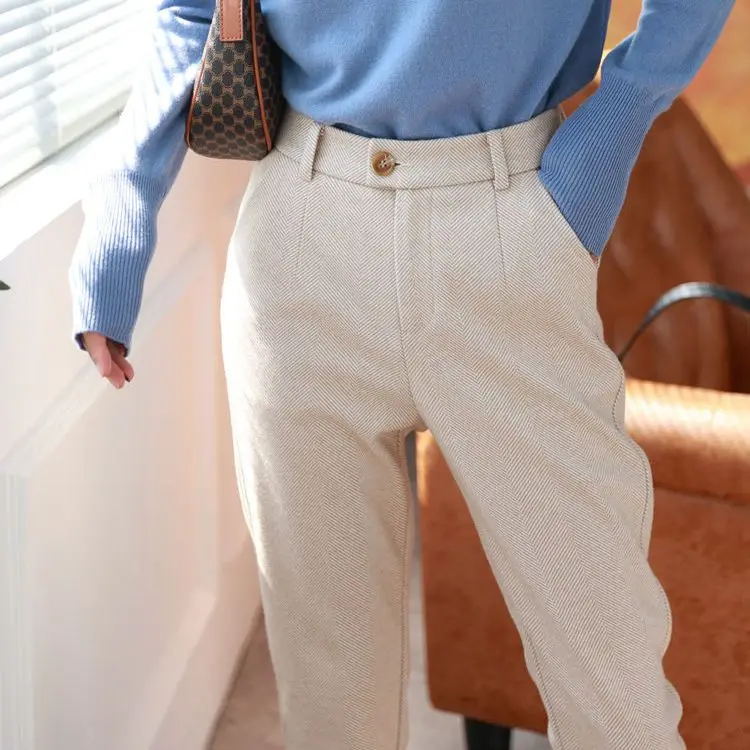 Wool Woolen Harem Trousers Women's Autumn and Winter New High Waist Slimming Ankle-Tied Suit Pants Loose Casual Cigarette Pants