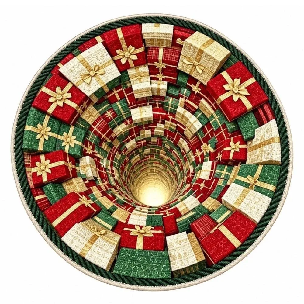 2D Flat Christmas Round Rug Polyester Santa Pattern Vortex Floor Mat Bottomless Pit Vivid Printing 3D Illusion Carpet