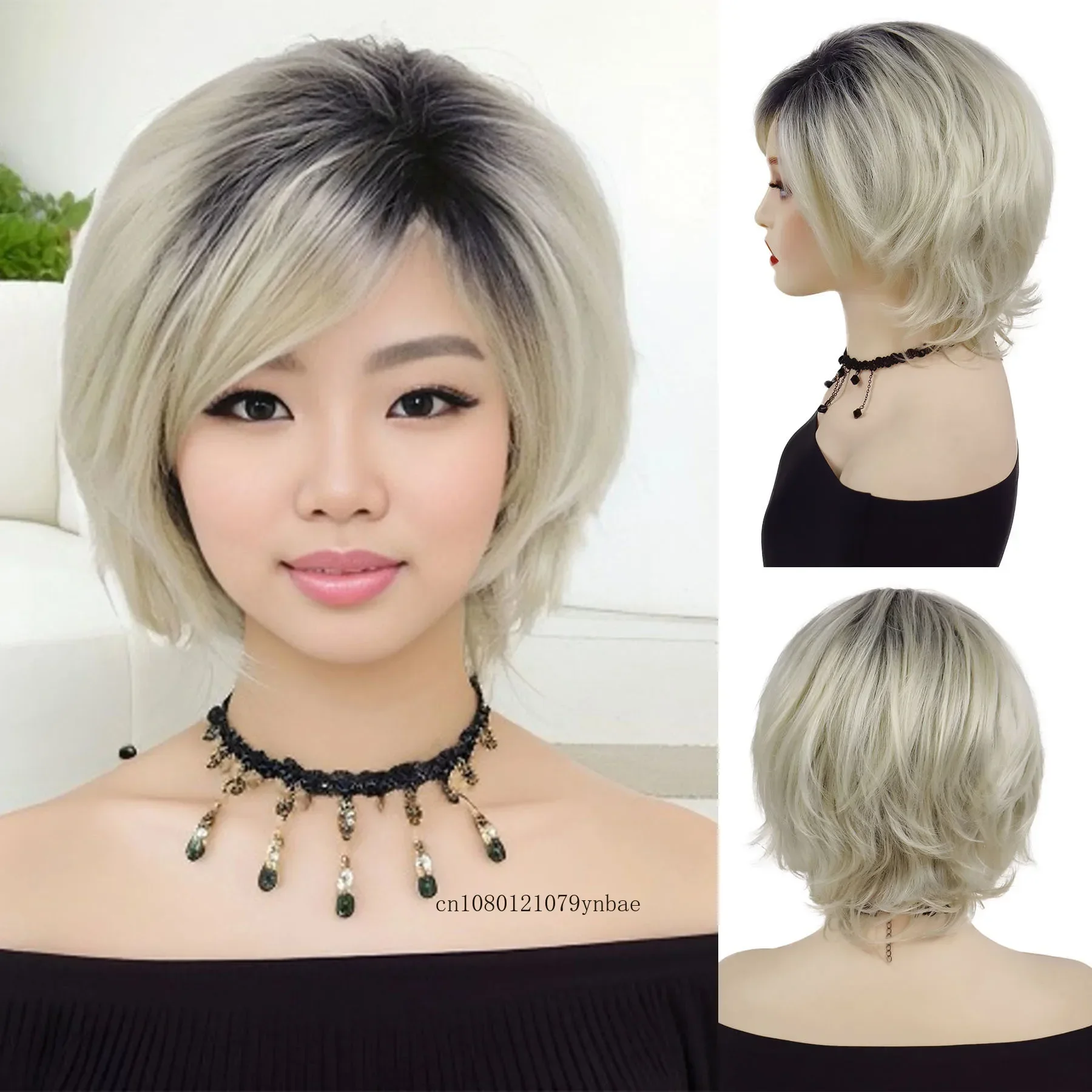 

Synthetic Hair Short Curly Wigs for Women Dark Root Ombre Light Blonde Wig with Bangs Bob Hairstyles Daily Party Costume Mom