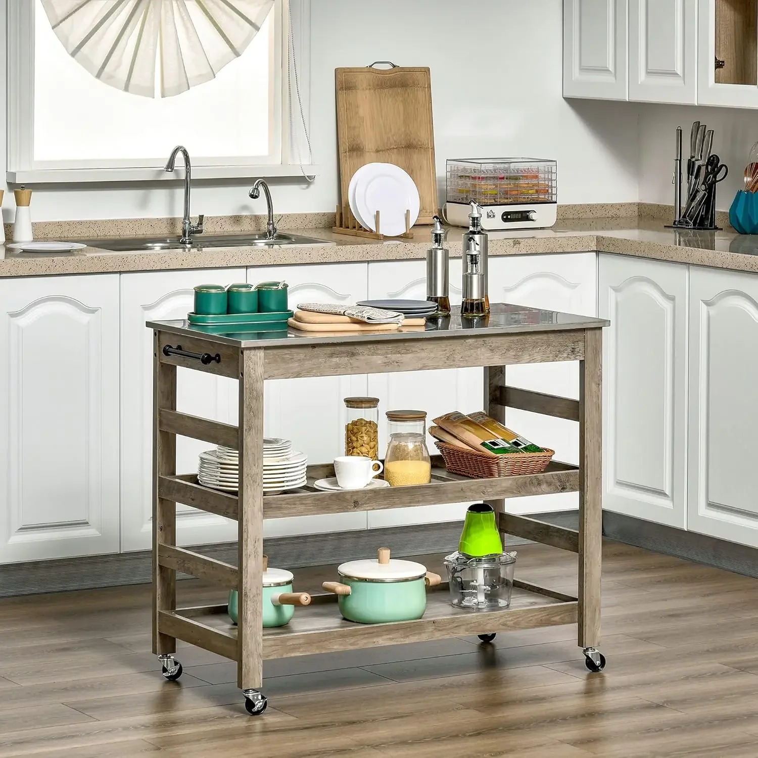 Rolling Kitchen Cart with Stainless Steel Countertop, 1 Bottom Shelf, 1 Slotted Middle Shelf and 4 Castor Wheels, Grey