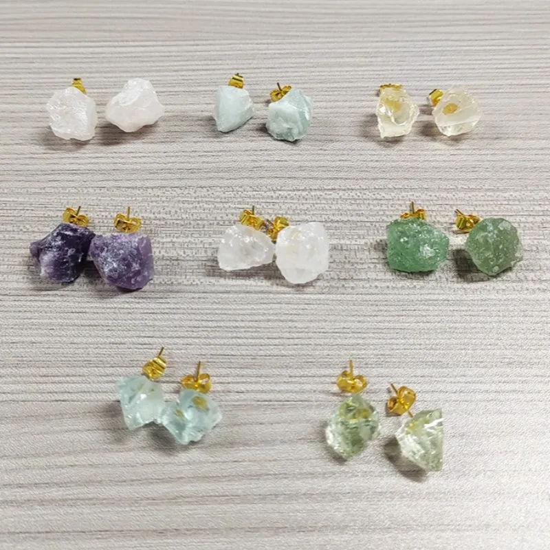 

10Pairs Natural Colorful Irregular Stone Stud Healing Reiki Fluorite Raw Crystal Mascot Handmade Gemstone Earring Women