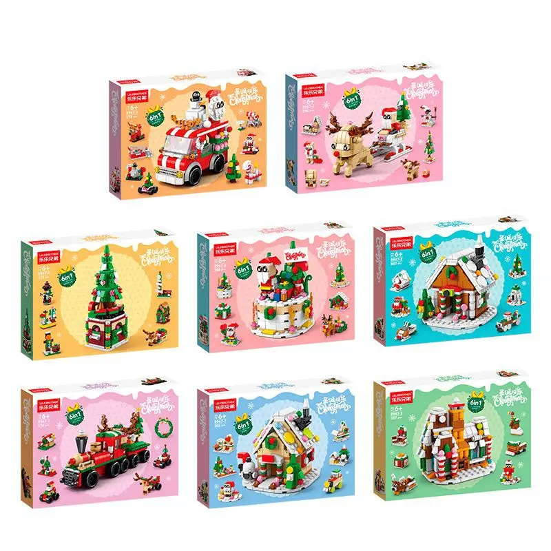 6 in 1 Christmas Gift for Kids Series Building Blocks Set with Light Creative Train Village House DIY Bricks Toys Xmas Gift