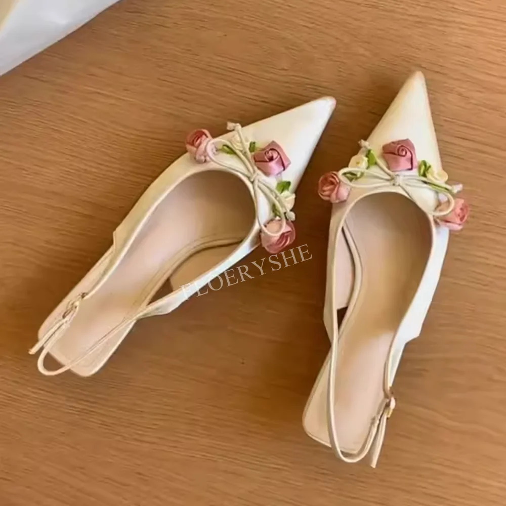 Summer White Flower Satin Stiletto Pumps New Arrival Women Buckle Pointed Toe Low Thin Heel Party Sweet Design Dress Shoes
