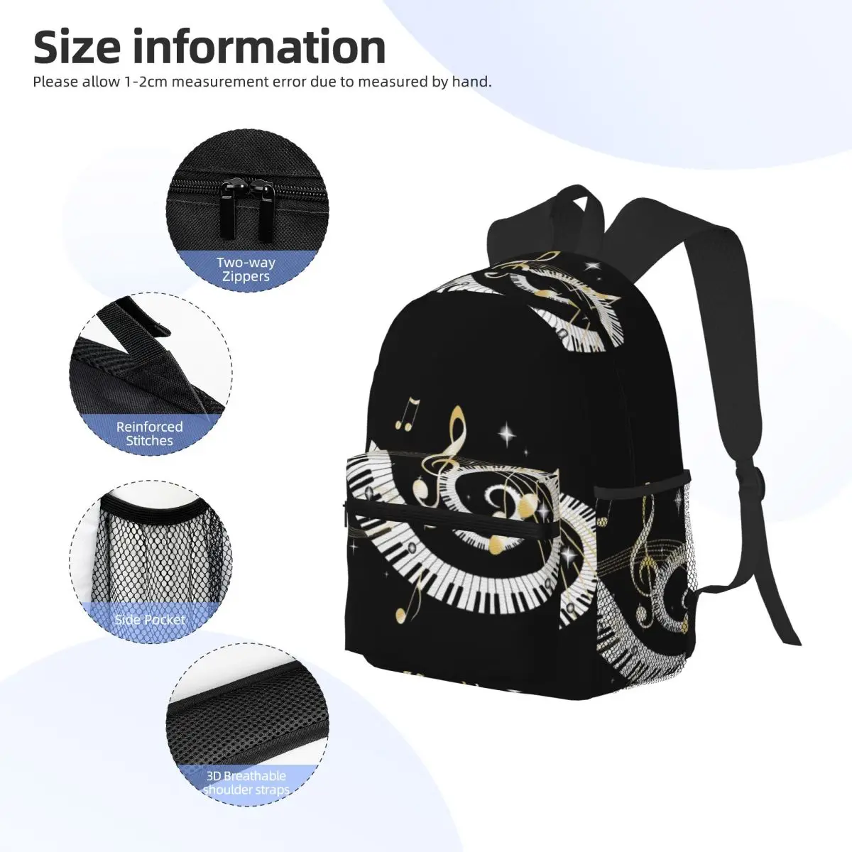 Piano Keyboard Music Notes Student Backpack School Bag Hiking Travel Daypack for Men Women Fashion Bookbag Shoulder Bags