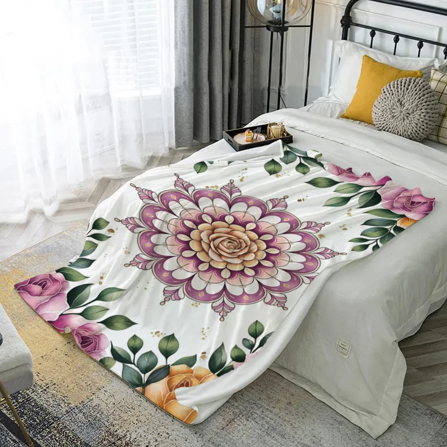 

Одеяло с цветочным принтом мандалы, фланелевое покрытие из микрофибры, одеяло для спальни, гостиной, дивана, мягкое и удобное украшение для дома