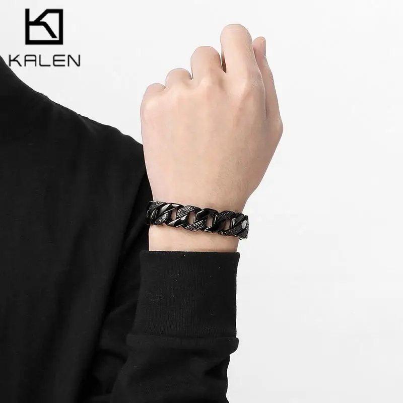 Special Pattern Charm Men's Bracelet Punk Black Plating Square Link Chain Bracelet Personalized Stainless Steel Party Jewelry