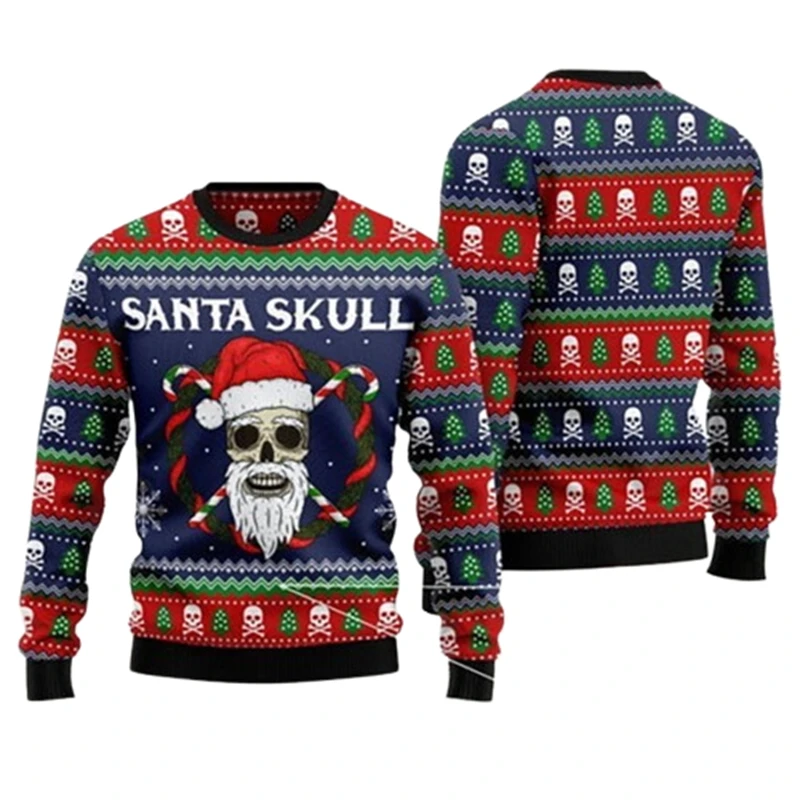 Horror Christmas Sweater Skull Santa Clause 3D Printed Men\'s Crew-Neck Sweatshirt Y2k Unisex Casual New Pullover Mens Streetwear