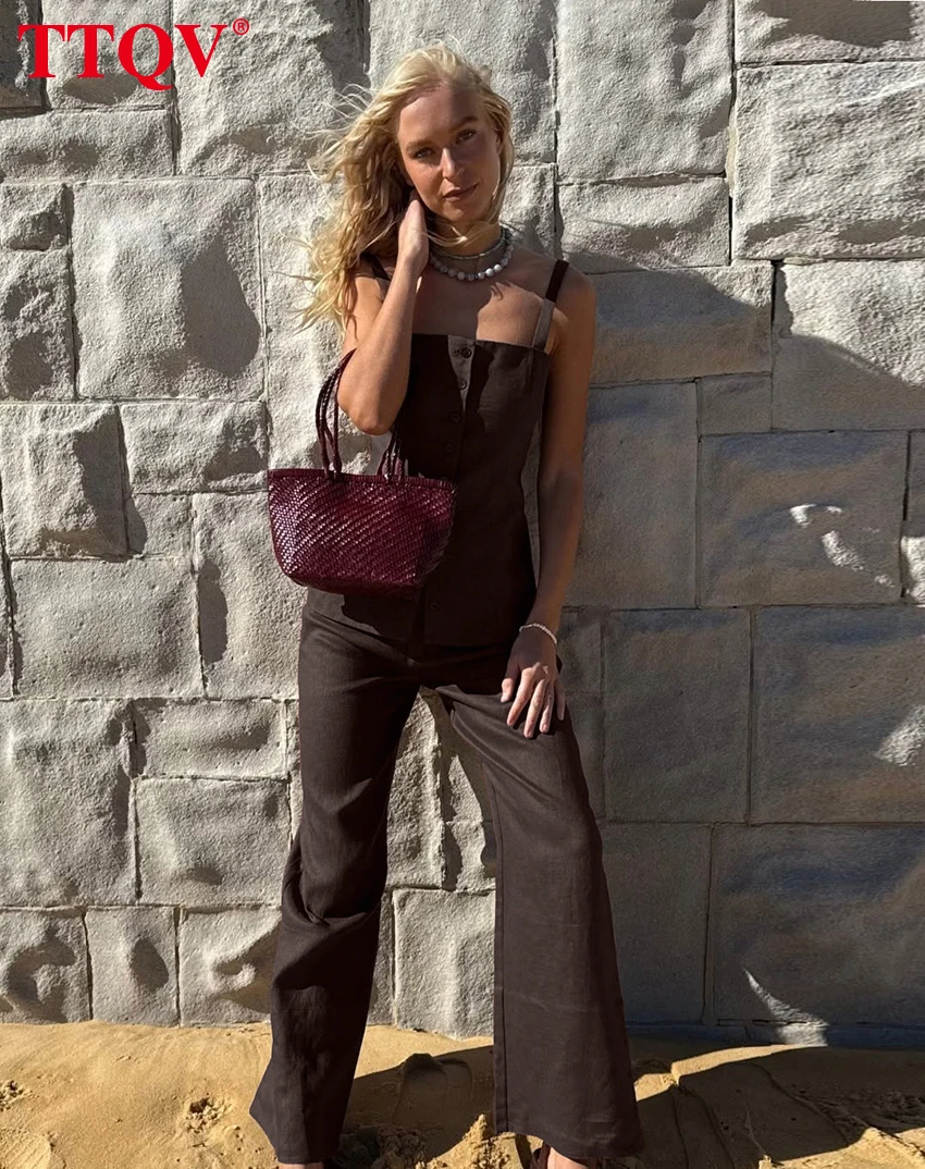 

TTQV Sexy Loose Brown Cotton Trousers Set 2 Piece Woman 2026 Summer Sleeveless Tank Top With High Waist Wide Pants Set Female