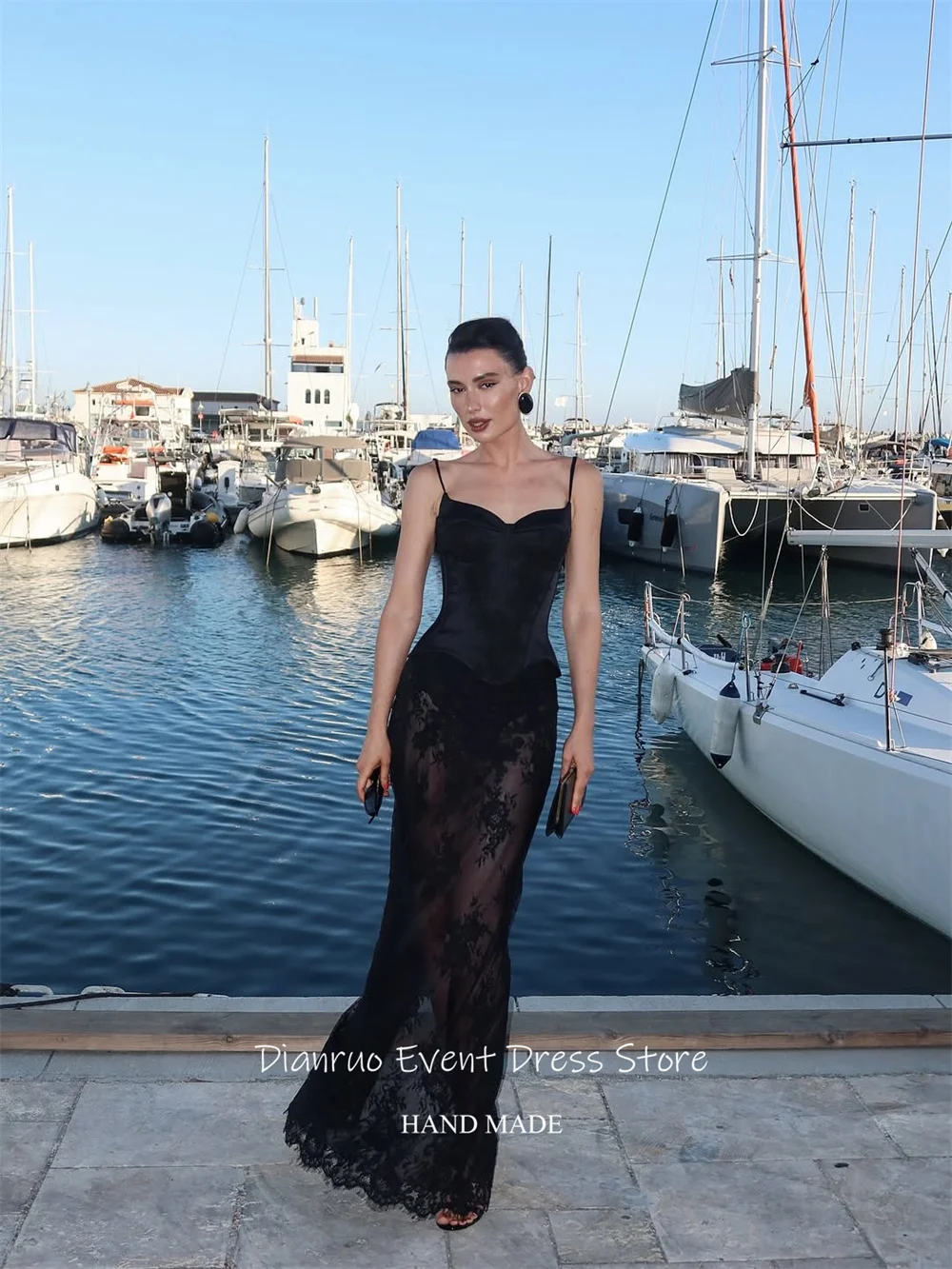 فستان سهرة بحمالات سباغيتي من Dianruo شفاف من خلال الدانتيل حورية البحر فيستدوس دي نوفيا مزين بحفلات الزفاف الأنيقة حسب الطلب