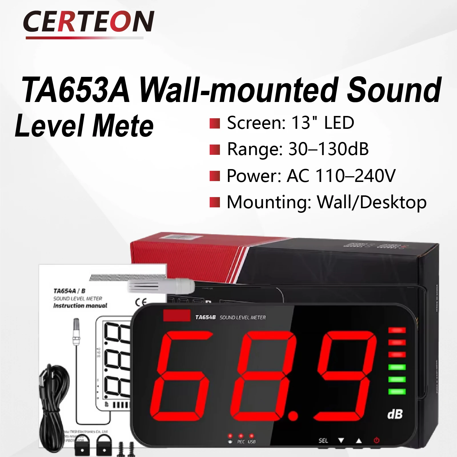 TA653 TA654 Bar Classroom Home Monitoring Alarm LED Display Wall Mounted Real Time Digital SPL Noise Decibel Sound Level Meter view 2