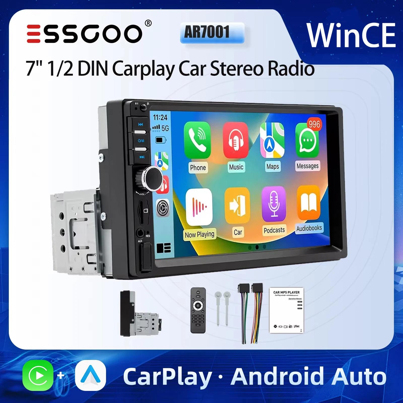 

ESSGOO 1/2 DIN 7inch HD Touch Screen Universal Car Stereo Radio Head Unit Wired Apple Carplay Android Auto Bluetooth TF USB AUX