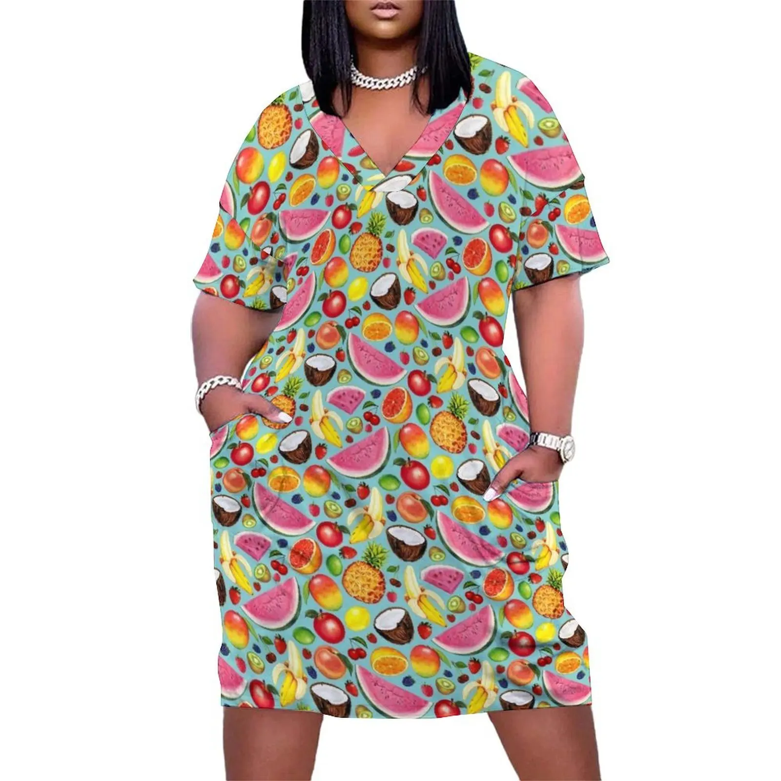 

Fruit Pattern - Blue Loose Pocket Dress womans clothing long dress women summer dresses for special events