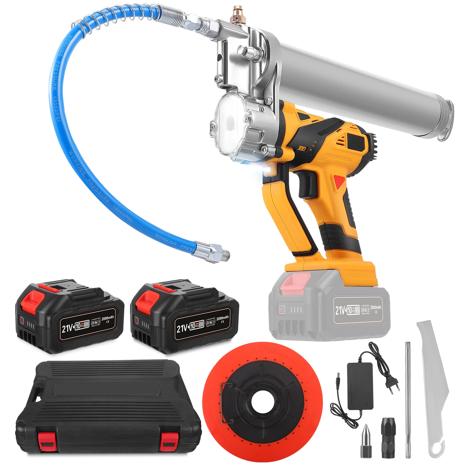 10000PSL Cordless Electric Grease Gun Accurate Greasing Electric Grease Gun with 2PCS 2000mAh Rechargeable Battery,2PCS Pipes