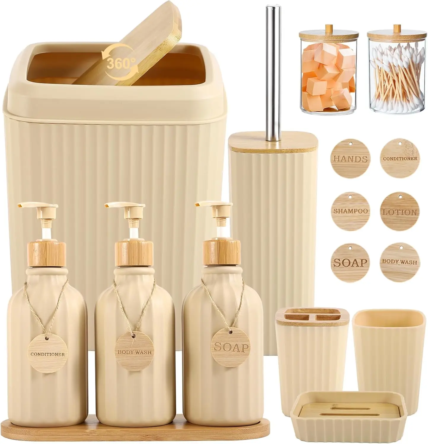

17PCS Beige Bathroom Accessories Set with Trash Can, Soap Dispenser, Toothbrush Holder & Wood Tags for Kitchen and Bath