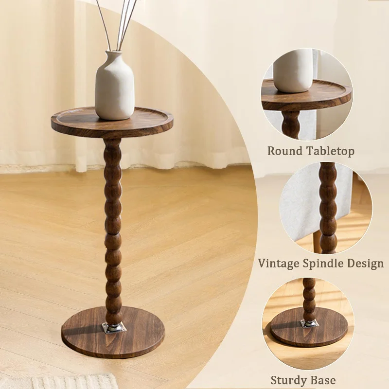 Round Side Table, Small Drink Table for Small Spaces, Modern Accent Nightstand with Solid Wood Leg for Living Room