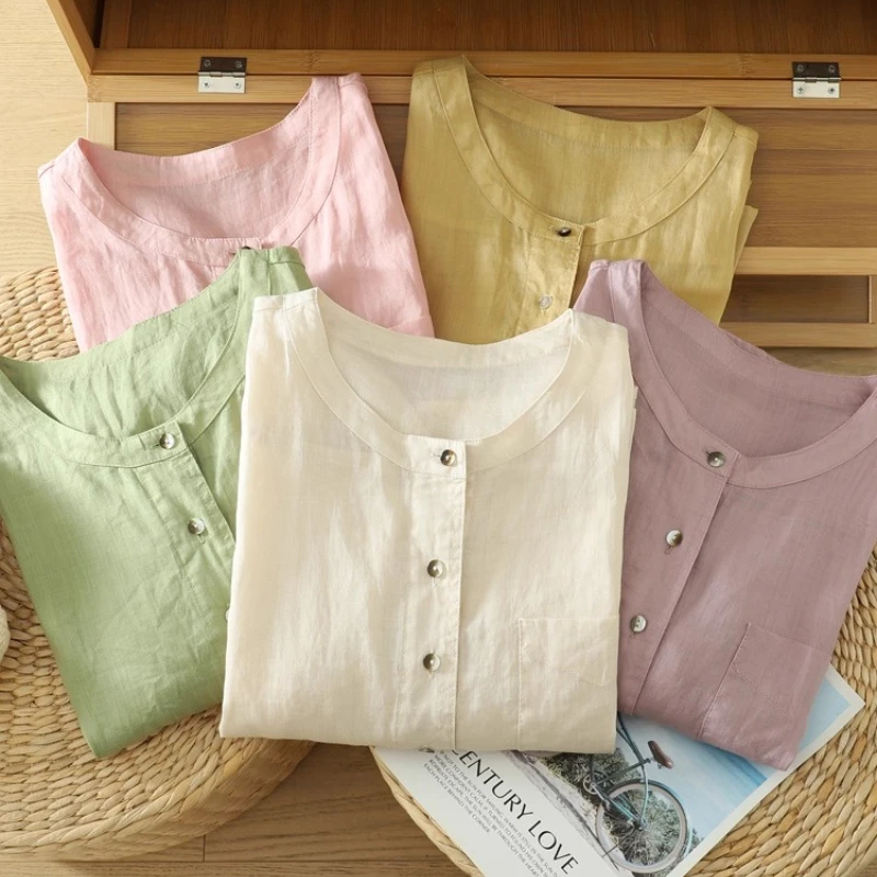 

Solid Simple Cotton Linen Three-quarter Sleeve Shirt Women's Summer Thin Casual Round Neck Loose Thin Pocket Top Button T-shirt