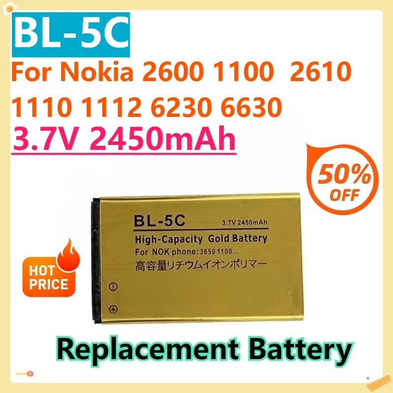 

For Nokia 2600 1100 2610 1110 1112 6230 6630 Mobile Phone BL 5C Battery 3.7v Rechargeable Li Ion Batteries BL5C 2450mAh