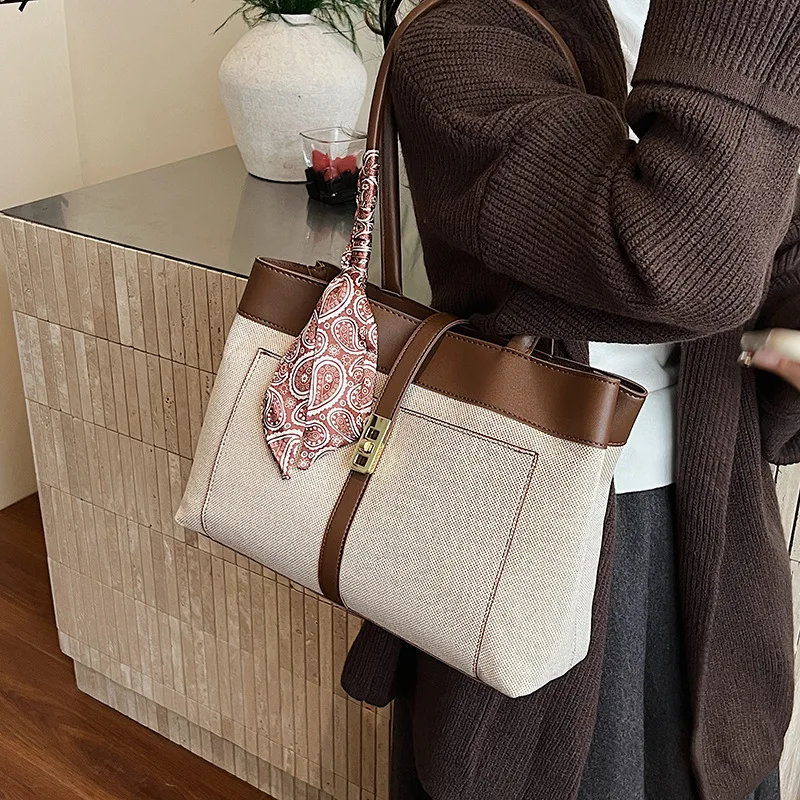 Women's Trendy Large Capacity Underarm Tote Bag - Premium Quality Versatile Design with Silk Scarf Detail for Commuters