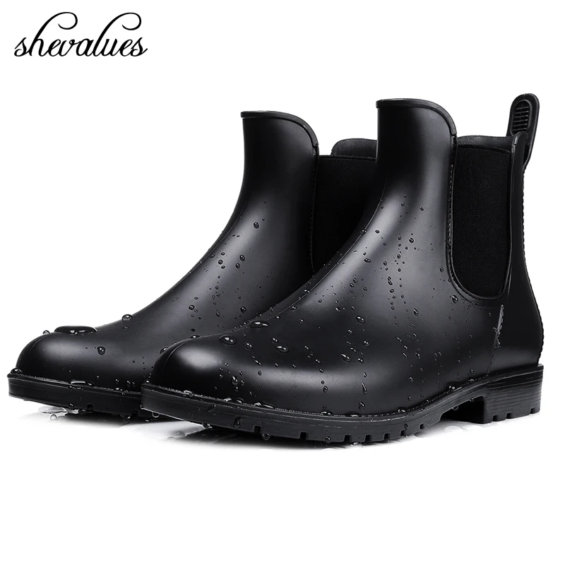 Shevalues Women Chelsea Rain Boots Shiny Ankle Boots Waterproof Upper Toe Elastic Band Low Sole Fashion Non-slip Ladies Boots