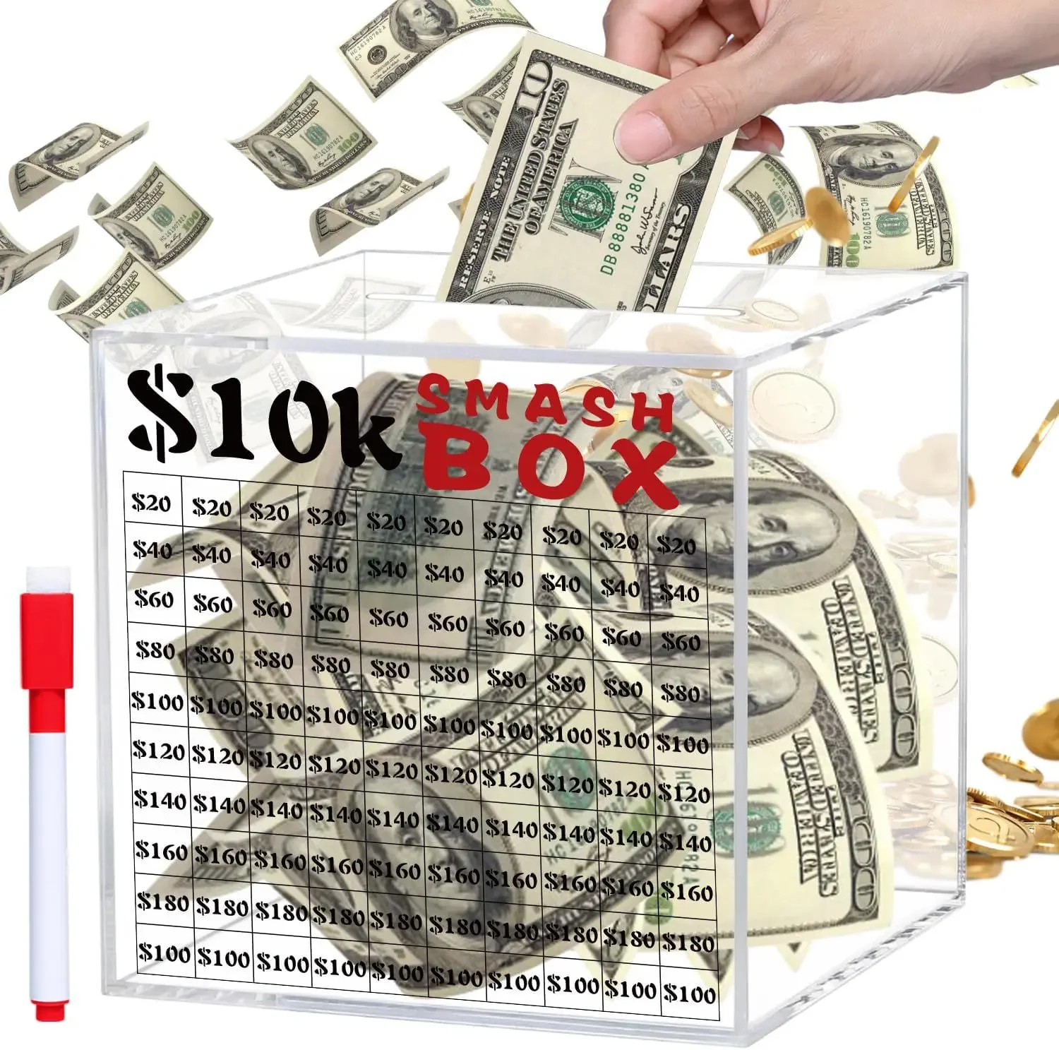 Clear Acrylic Money Saving Challenge Box with Marker Break Cash Vault Piggy Bank Adults Budget Planner Savings Tracker Cash Gift