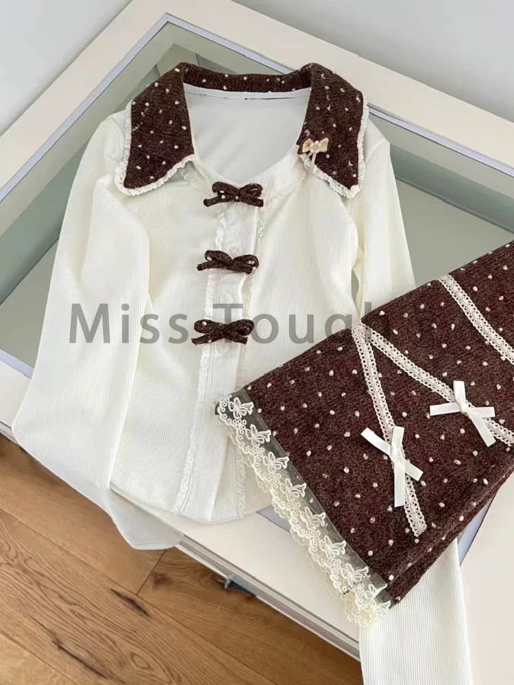 2024 Winter Japanese Y2k Sweet Two Piece Set Women Slim Bow Tops + Polka Dot Skirt New Fashion Fairy Tale Harajuku Kawaii Suits