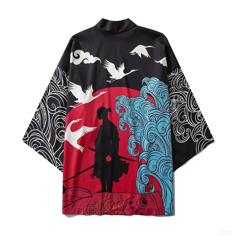 China China-Chique Vintage Wind Kraan Landschap Schilderij Veer Weven Kimono Mantel Taoïstische Gewaad 3D Afdrukken Half Mouw Vest