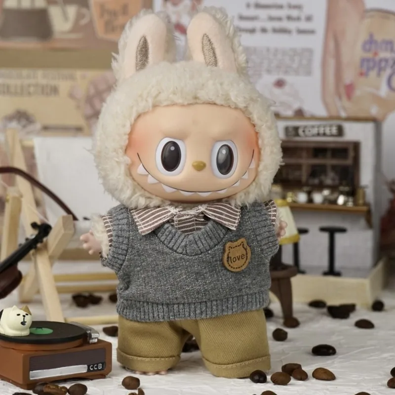 Caja ciega de ropa para muñeca de caballero, 17cm, colgante para muñeca Labubu, tema de cafetería, juguete para niños, conjunto de accesorios de moda