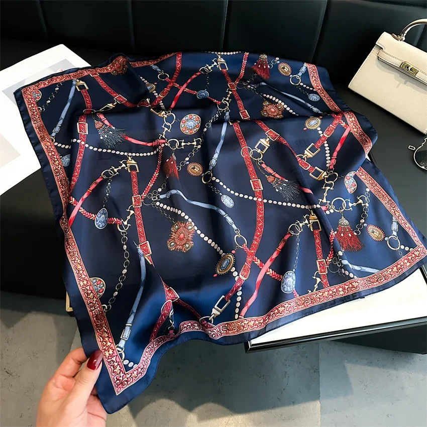 Foulard carré en soie imprimé chaîne pour femmes, Design de luxe, foulard à col fin, mode été, protection solaire, Bandana 70x70cm