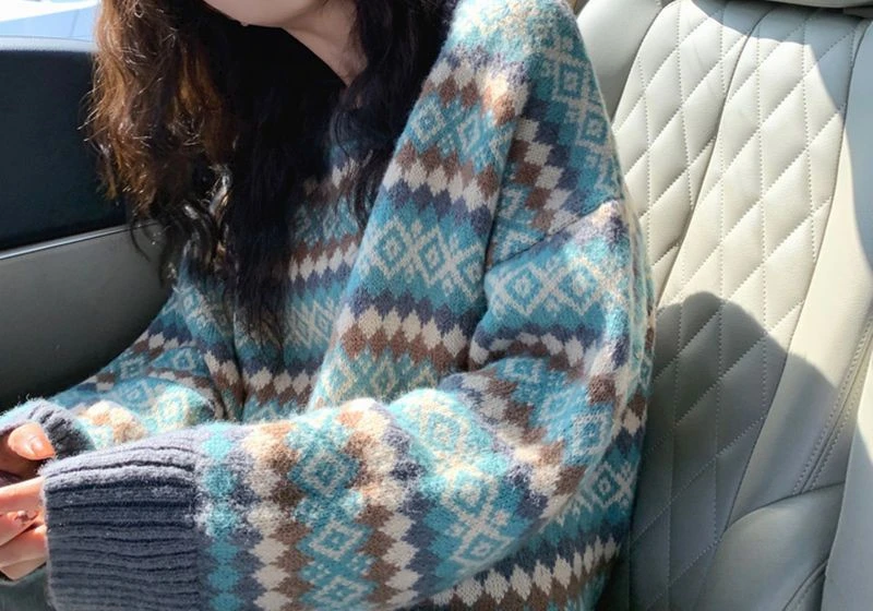 

Lazy Style Sweater 2025 New Style Loose and Slimming Diamond Grid Knit Sweater Thickened and Warm Outerwear