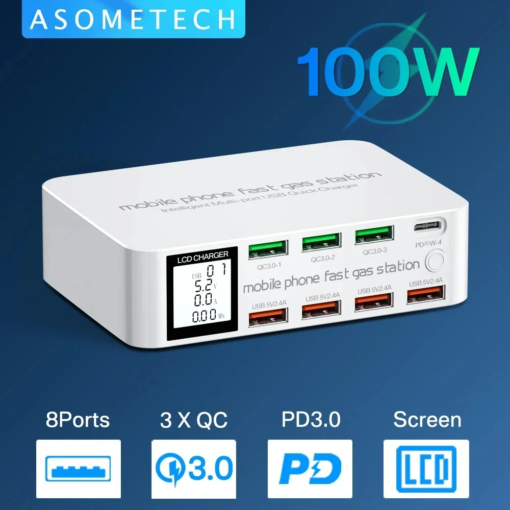 8 Ports USB Fast Charger 100W QC3.0 PD USB C Type C Phone Charger LCD Digital Display Charging Station Adapter for iPhone Xiaomi